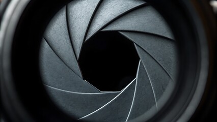 Close up of a camera lens aperture with triangular blades and a dark center creating a geometric pattern
