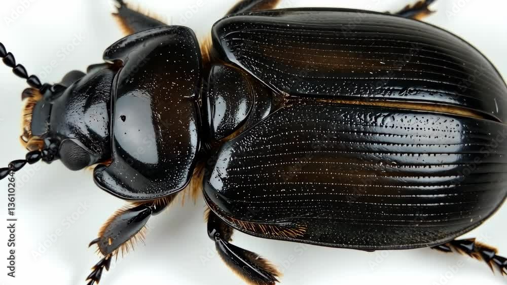 Poster close view of a shiny black beetle highlighting its intricate body structure and details observed in