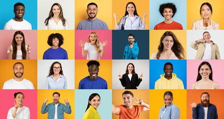 A colorful collection of diverse men and women showcases happiness and unity. Each person expresses joy through smiles and gestures against bright backgrounds, emphasizing inclusivity and community.