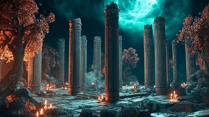 Ancient ruins illuminated by moonlight with glowing trees and mystical atmosphere
