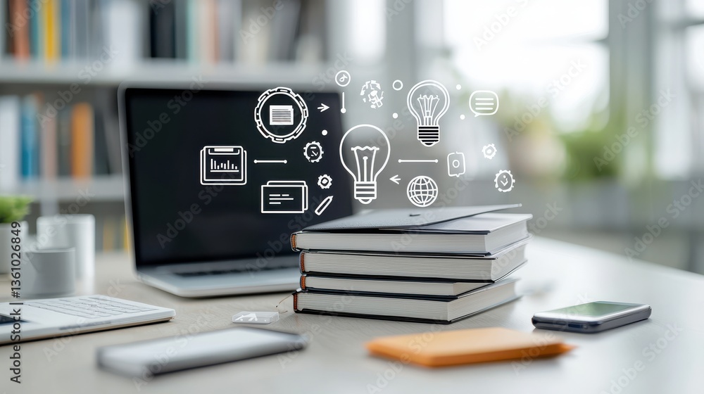 Poster an image depicting the intersection of education learning and technology with books a laptop and var