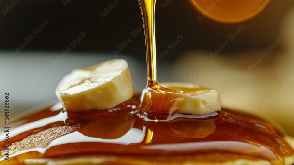 Poster Close-up of pancakes topped with banana slices and maple syrup being poured.