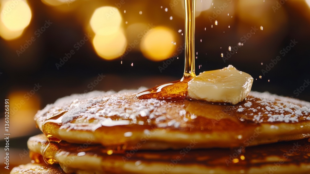Poster golden syrup pouring onto a stack of fluffy pancakes topped with butter and powdered sugar.