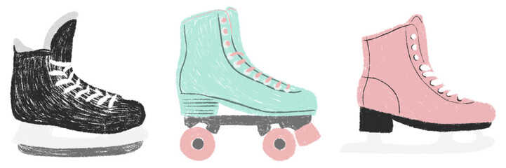 Men hockey skates, women ice skates, quad rollers chalk texture. Pencil kids drawn doodle cartoon sports equipment child crayon hand drawing sport set. Vector illustration isolated on white background