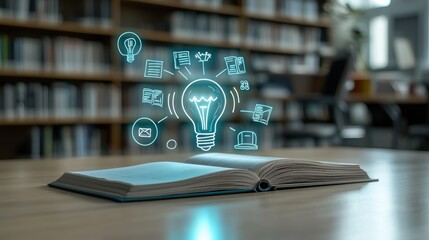 An open book on a desk surrounded by digital icons and symbols representing various aspects of education learning and technological advancement
