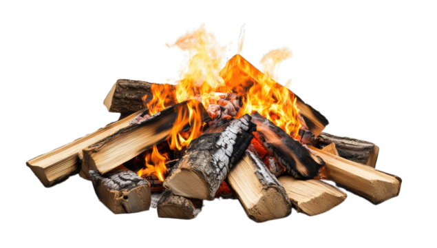 a vibrant campfire burns brightly among stacked logs creating a