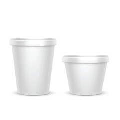 Realistic White Plastic Cups with Lids for Packaging. Vector