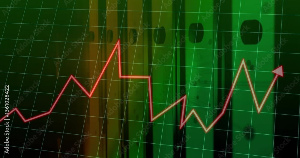 Poster animation of red line graph fluctuating over green grid background