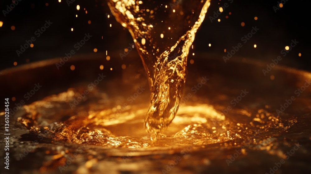 Poster golden liquid pouring into a dark bowl, creating splashes and droplets.