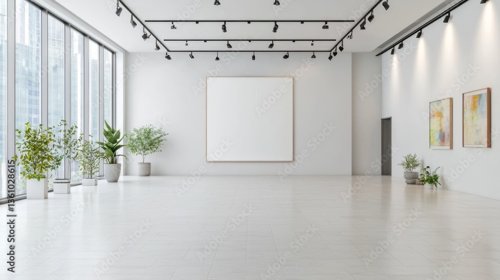 Poster bright and spacious art gallery interior featuring a clean minimalist design with large lighting and