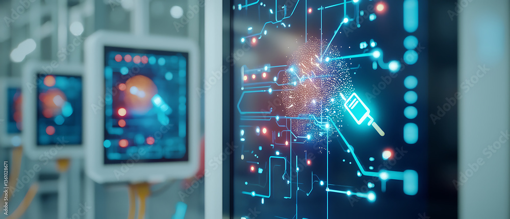 Poster innovative technology displaying circuitry visuals in a modern industrial setting close-up perspecti