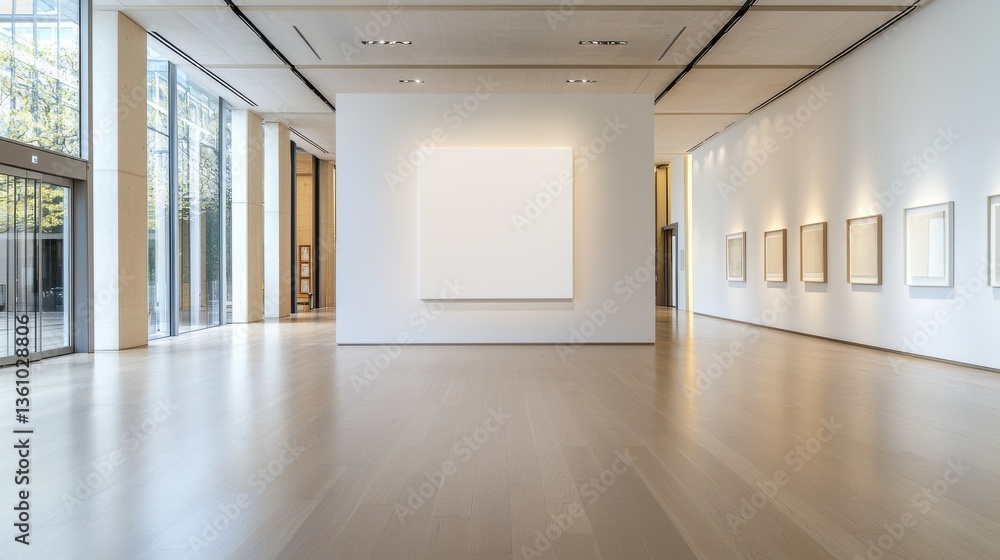 Poster an open and bright art gallery space with clean lines simple architectural features and a large blan