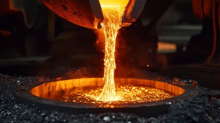 Molten metal pouring from a crucible into a mold during industrial manufacturing.