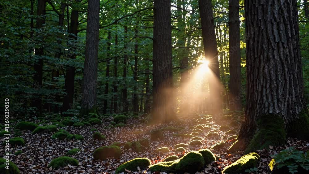 Poster sunlight streams through dense forest trees, creating a mystical atmosphere. low-angle shot captures