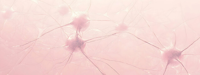 Fototapeta premium Panoramic view of minimalist stylized neurons interconnected in pastel pink tones -