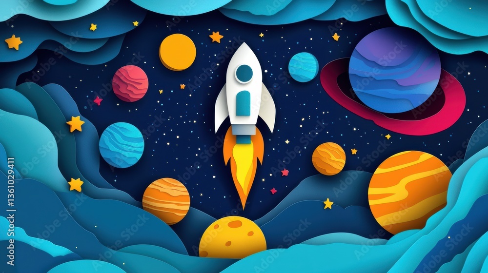Poster colorful layered paper cut space art featuring planets and a rocket ship soaring through deep cosmic