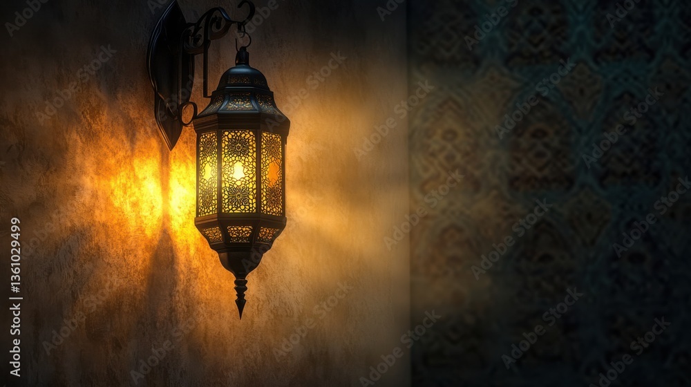 Aufkleber decorative lantern with intricate design hanging on a textured wall casting warm light and shadows i