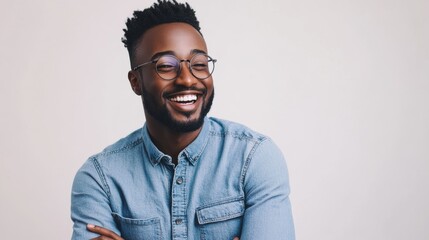 Fototapeta premium Smiling african male adult in denim shirt with glasses against neutral background