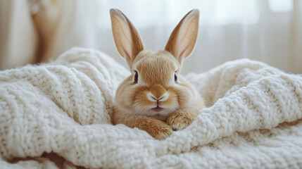 Obraz premium Fluffy bunny wrapped blanket cozy expression rabbit fur warm soft texture cute animal indoor comfort funny pose window natural light home peaceful scene adorable relaxed pet nursery decor card baby