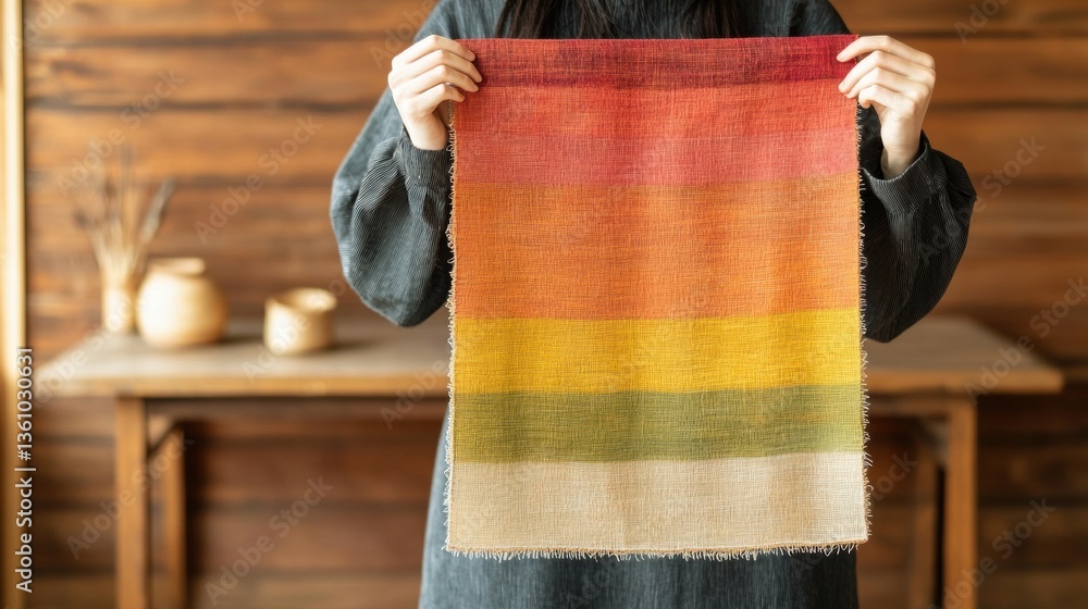 Poster handcrafted textile with vibrant color gradient displayed.