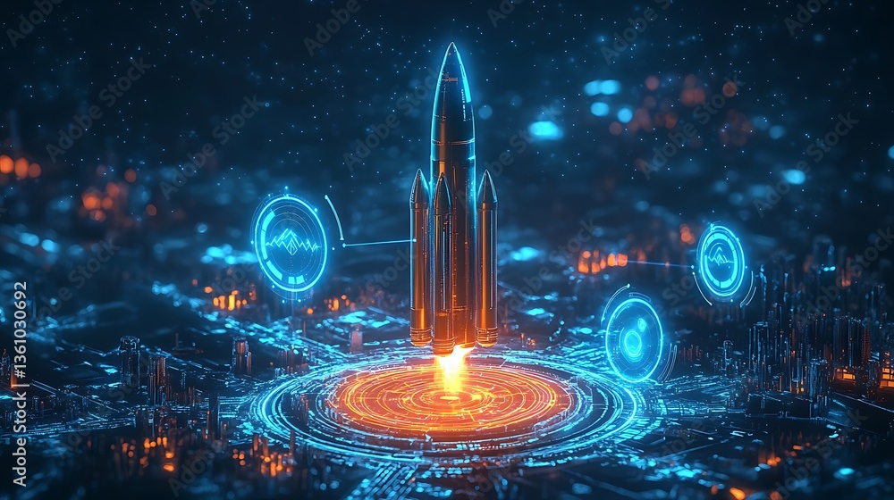 Poster futuristic rocket launch in cyberpunk cityscape, futuristic digital artwork of a rocket launching fr