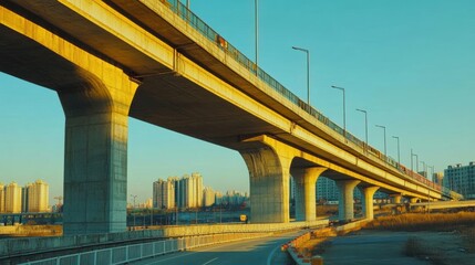 Fototapeta premium Urban Overpass at Sunset with Modern Architecture Beneath and Clear Blue Sky in a Vibrant Cityscape Setting