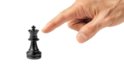 Hand pointing at chess black king piece with index finger isolated on white or transparent background, close-up photograph of a hand taking the symbol of strategy, logical thinking and decision-making