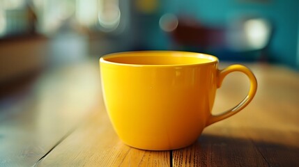 Yellow coffee cup over wooden table in front of autumnal background, Serene and Bright Morning Scene with Yellow Mug and Sunrise Through Window

