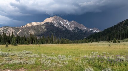 Serene Mountain Landscape Under Dark Clouds with Lush Green Meadow and Rocky Peaks in Background, Evoking Peace and Wonder of Nature