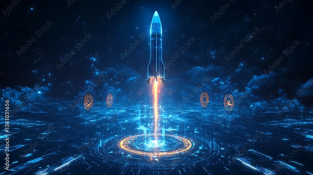Poster futuristic rocket launch in cyberpunk cityscape, futuristic digital artwork of a rocket launching fr