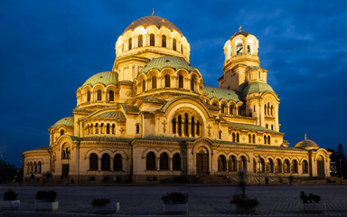 Evening view of Patriarchal Cathedral of Saint Alexander Nevski in Sofia, Bulgaria
