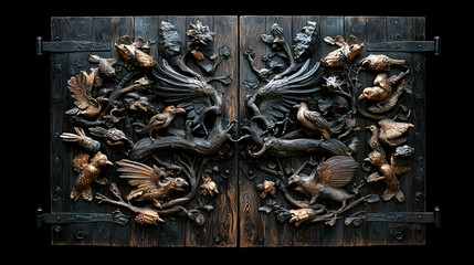 Intricate Wooden Door Carving with Mythical Creatures