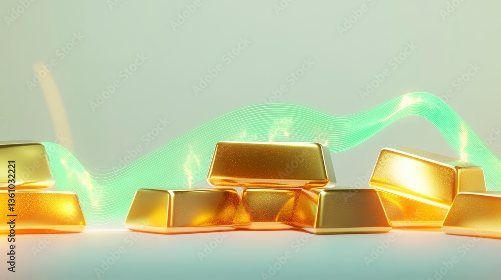 Poster golden bars scattered on a surface with a green light effect.