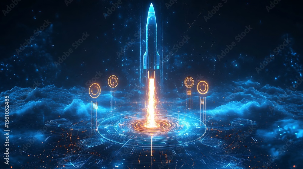 Poster futuristic rocket launch in cyberpunk cityscape, futuristic digital artwork of a rocket launching fr
