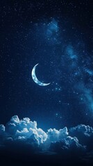 A serene night sky featuring a crescent moon surrounded by shimmering stars and soft clouds, creating a peaceful atmosphere.