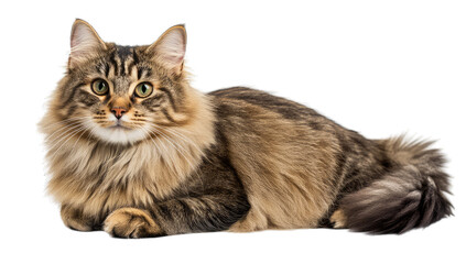 Obraz premium a fluffy tabby cat with striking green eyes lies gracefully on a