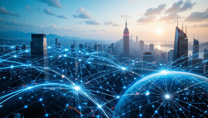 stunning city skyline at sunset, showcasing skyscrapers and vibrant network of interconnected lines symbolizing technology and communication. scene evokes sense of innovation and connectivity