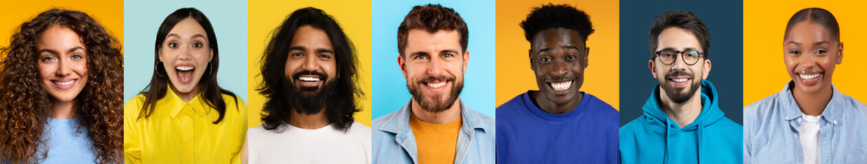 A collection of diverse people with different hair and skin types smiling joyfully. The background features vibrant colors, showcasing the beauty of unity among individuals.