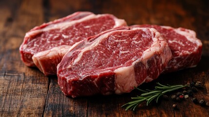 Obraz premium Realistic Photo of Marbled Beef Steaks on a Wooden Table, Focusing on the Intricate Structure of the Meat