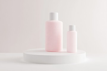 Two pink cosmetic bottles on a white pedestal