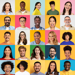 A colorful collage features a diverse group of men and women smiling and expressing joy. Each person represents various backgrounds, creating a vibrant celebration of diversity.