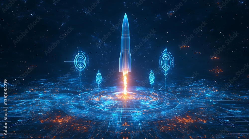 Poster futuristic rocket launch in cyberpunk cityscape, futuristic digital artwork of a rocket launching fr