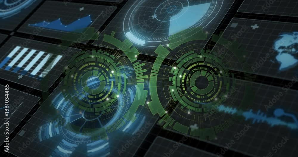 Poster futuristic digital interface with rotating gears and data charts animation