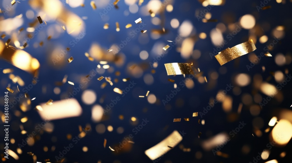 Poster golden confetti falling in celebration with soft background bokeh light for event and party decorati