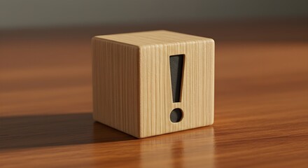 A wooden cube with a bold black exclamation mark carved into its surface, resting on a polished wooden table