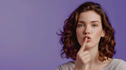 Naklejka premium Young woman isolated on a purple background, showing a playful gesture