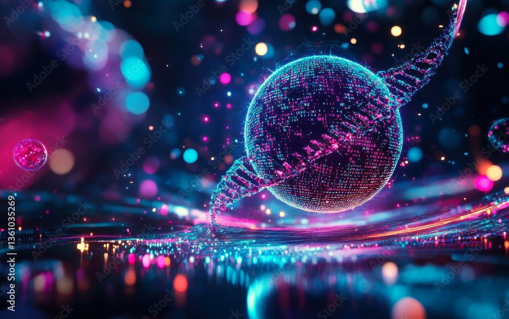 Poster a vibrant and mesmerizing visualization of a digital cosmos, showcasing a floating planet intertwine