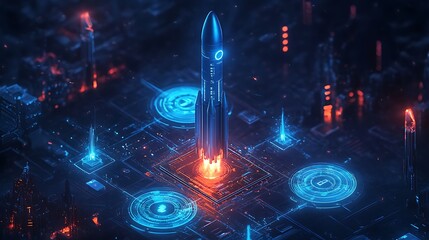 Futuristic Rocket Launch in Cyberpunk Cityscape, Futuristic digital artwork of a rocket launching from a virtual platform with holographic interfaces