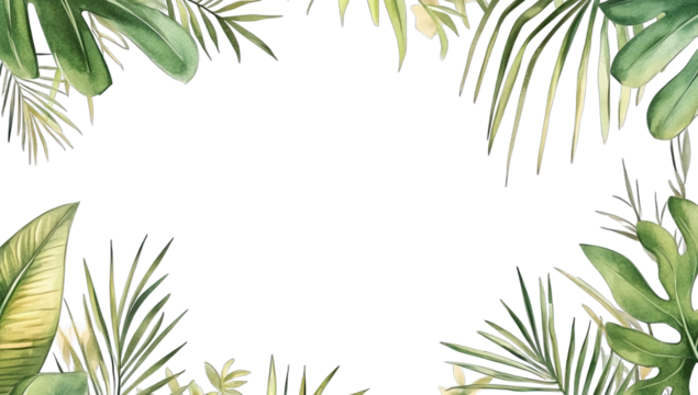 a decorative border featuring various green tropical leaves crea