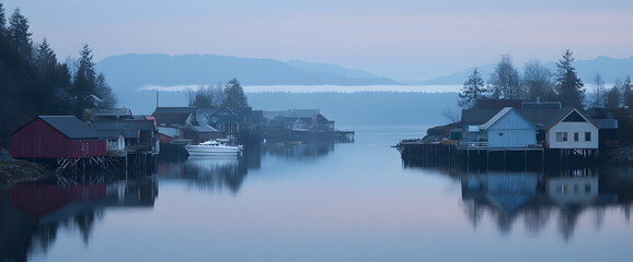 Obraz premium Misty dawn over waterfront village, calm water reflects houses, background hills